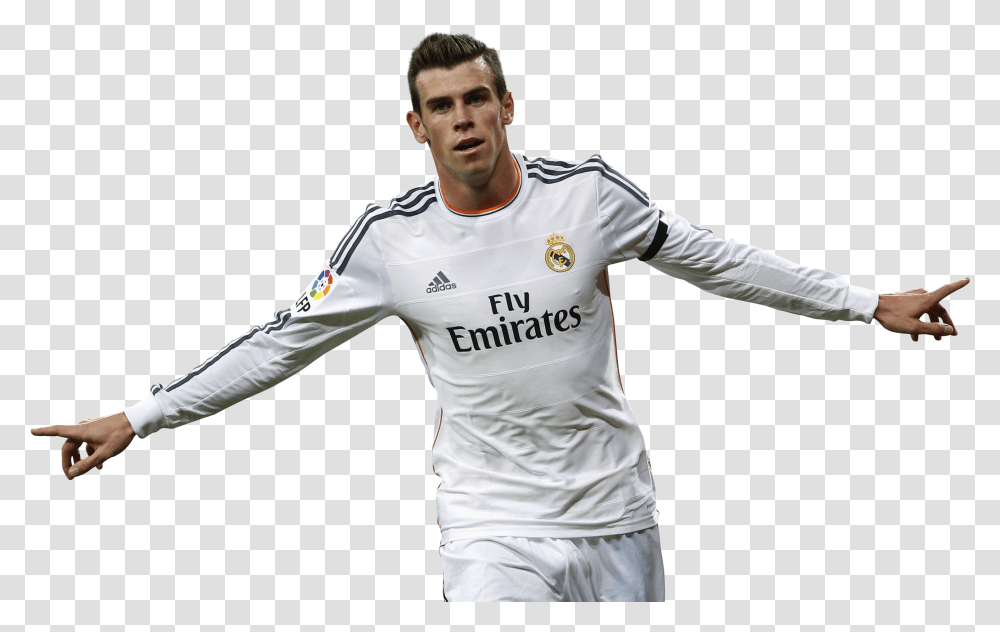 Download Free Real United Sleeve Madrid Football Cf Ball Gareth Bale Real Madrid, Clothing, Apparel, Shirt, Person Transparent Png
