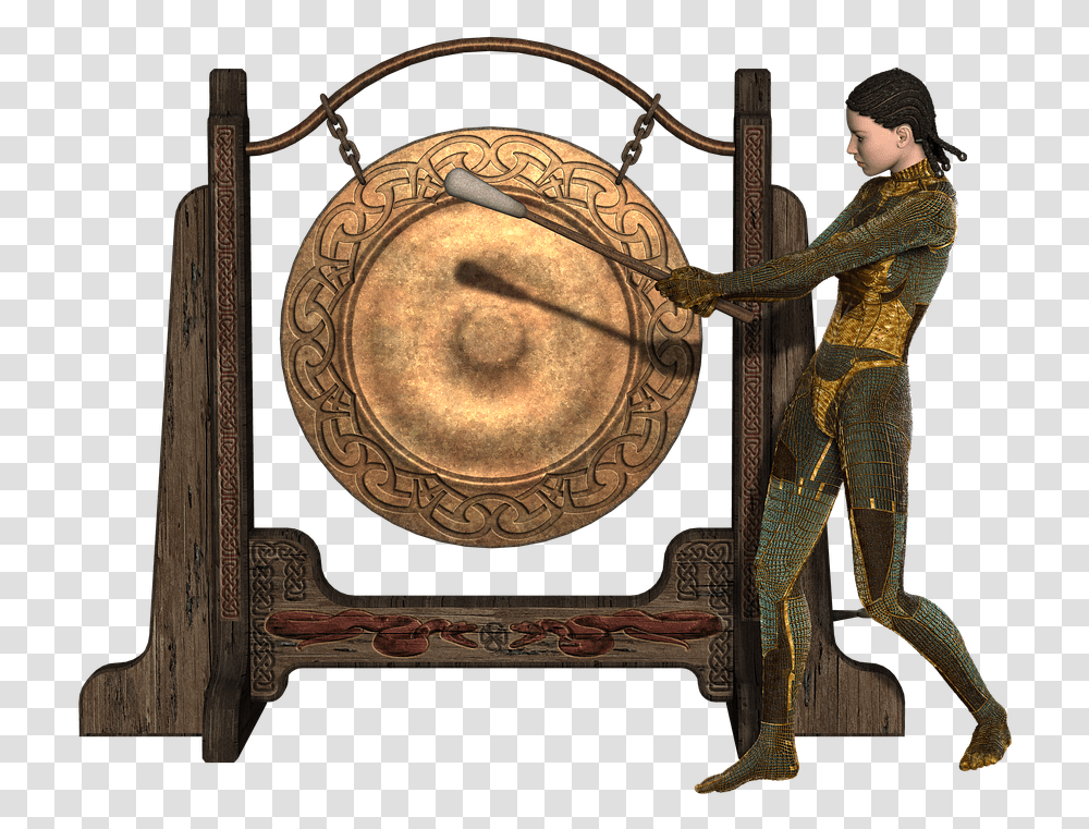 Download Girl Gong Warrior Fantasy Hair 3d Medieval Gong Girl, Musical Instrument, Person, Human, Painting Transparent Png