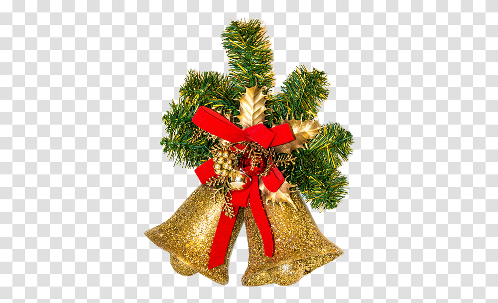 Download Gold Bells With Greenery And Merry Christmas And Happy New Year 2021, Wreath, Tree, Plant, Ornament Transparent Png