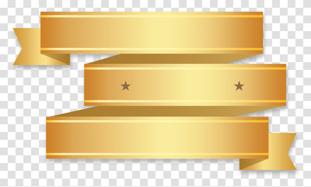 Download Golden Ribbon Banner Three Half With Fold Wedge End Three Banner Free Clipart, Treasure, Box, Text, Furniture Transparent Png