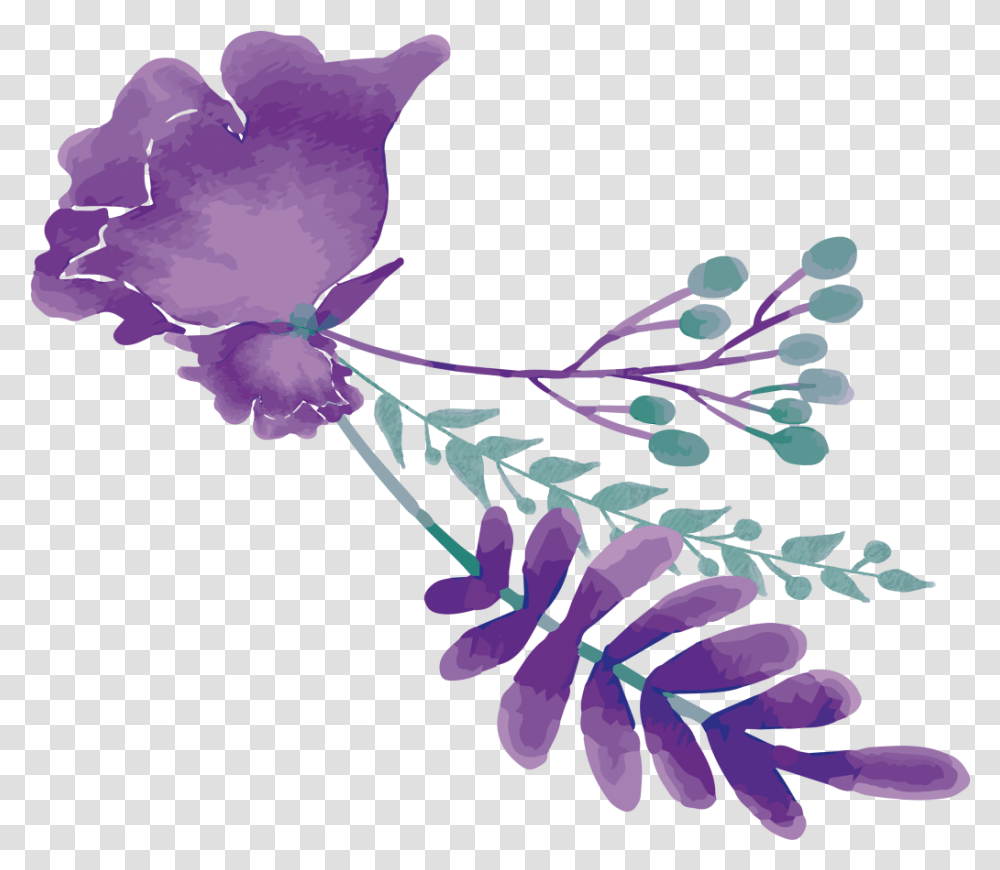 Download Green Purple Flowers Watercolor Purple Flowers, Plant, Blossom, Petal, Floral Design Transparent Png