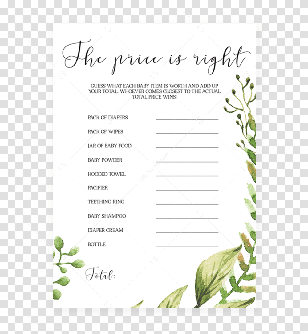 Download Guess The Price Baby Shower Game Printable Greenery Baby Shower Prediction Cards, Page, Text, Flyer, Poster Transparent Png