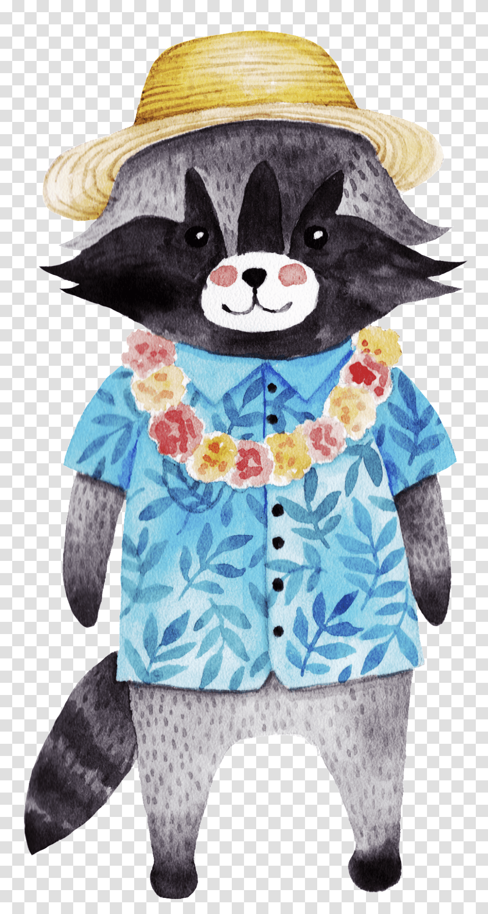Download Hawaiian Style Raccoon Watercolor Illustration, Hat, Clothing, Apparel, Plush Transparent Png