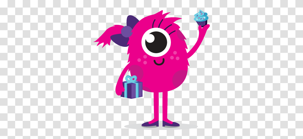 Download Hd A Pink Monster With Cupcakes And Present Pink Monster Birthday, Graphics, Art, Animal, Beverage Transparent Png