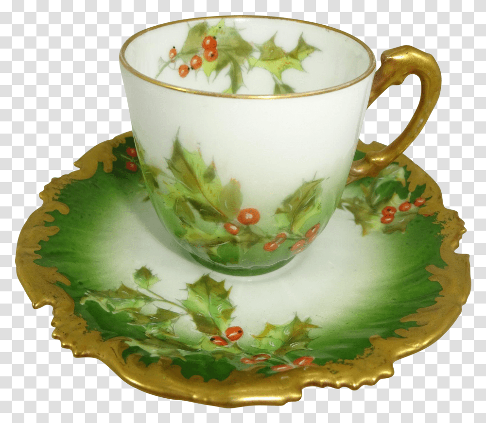 Download Hd Antique Limoges France Cup Saucer Christmas Teacup, Pottery, Coffee Cup, Birthday Cake, Dessert Transparent Png