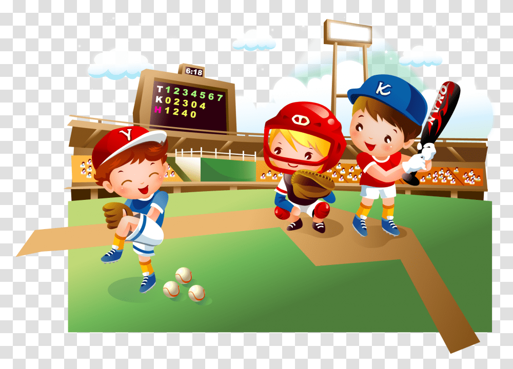 Download Hd Baseball Field Cartoon Child Cartoon Kids Kids Playing Baseball Clipart, Super Mario, Person, People, Sport Transparent Png