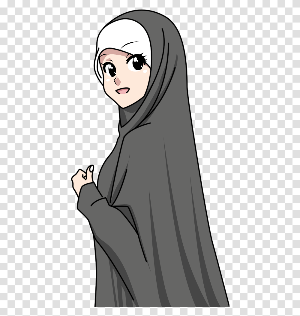 Download Hd Cartoon Girls Islam Muslim Islamic Hijab Flower Art, Clothing, Face, Hood, Cloak Transparent Png