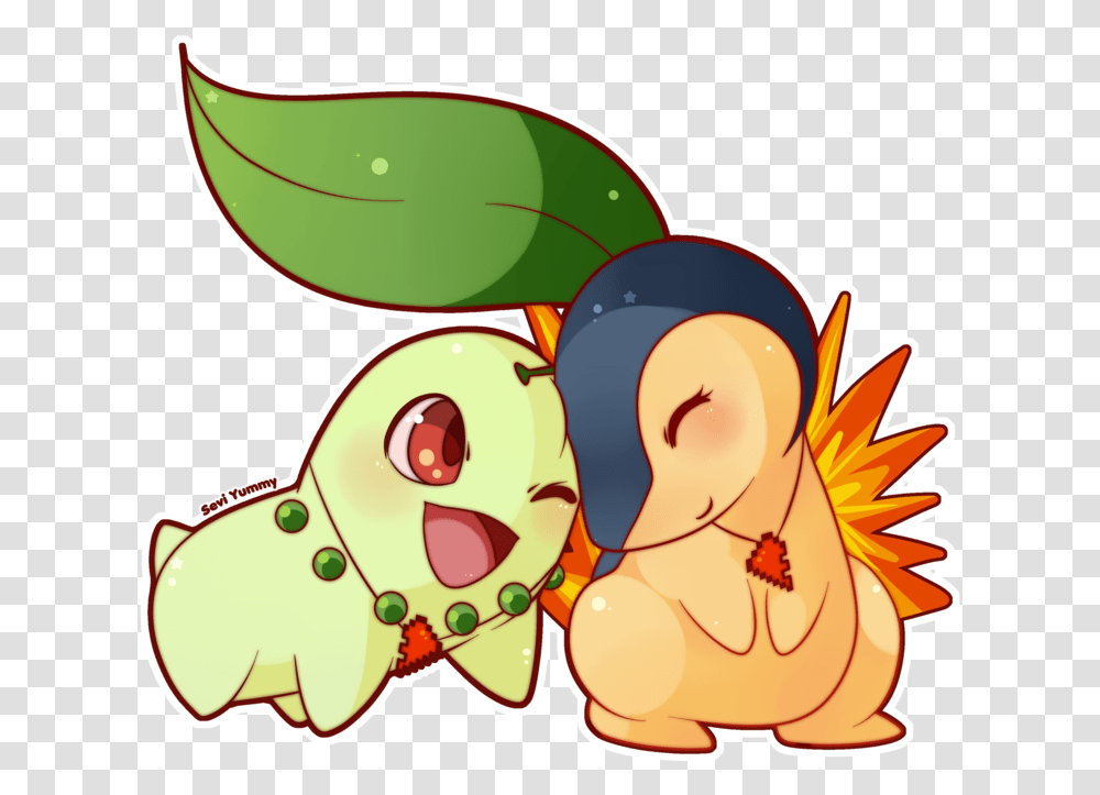 Download Hd Chikorita And Cyndaquil By Seviyummy Pokemon Chikorita And Cyndaquil, Animal, Mammal, Label, Text Transparent Png