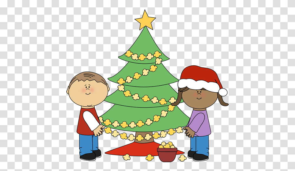 Download Hd Christmas Clip Art Decorate A Christmas Tree Children Cartoon Christmas Free, Plant, Ornament, Hat, Clothing Transparent Png