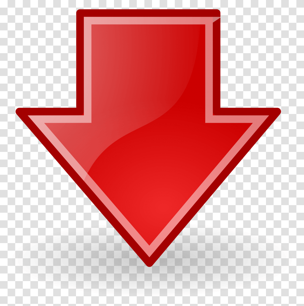 Download Hd Down Arrow Fleche Vers Le Bas Red Arrow Pointing Down, Symbol, Text, First Aid, Triangle Transparent Png