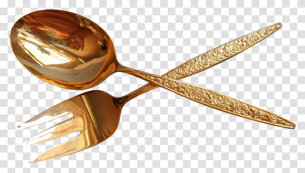 Download Hd Gold Spoon And Fork Spoon And Fork, Cutlery, Scissors, Blade, Weapon Transparent Png
