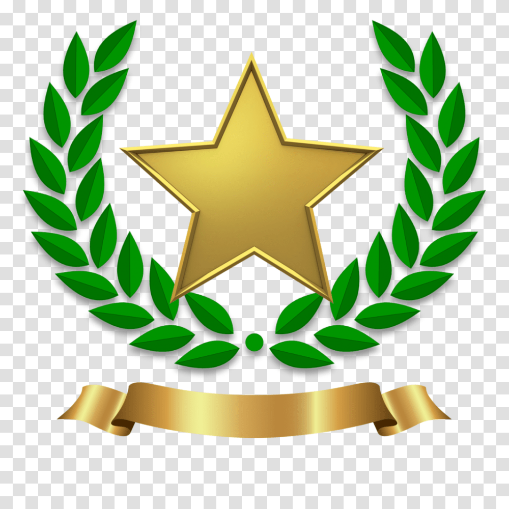 Download Hd Gold Star Laurel Wreath Image Laurel Wreath Green, Symbol, Emblem, Plant, Star Symbol Transparent Png