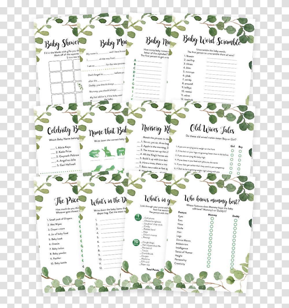 Download Hd Greenery Foliage Baby Shower Game Pack Game Calligraphy, Text, Menu, Advertisement, Poster Transparent Png
