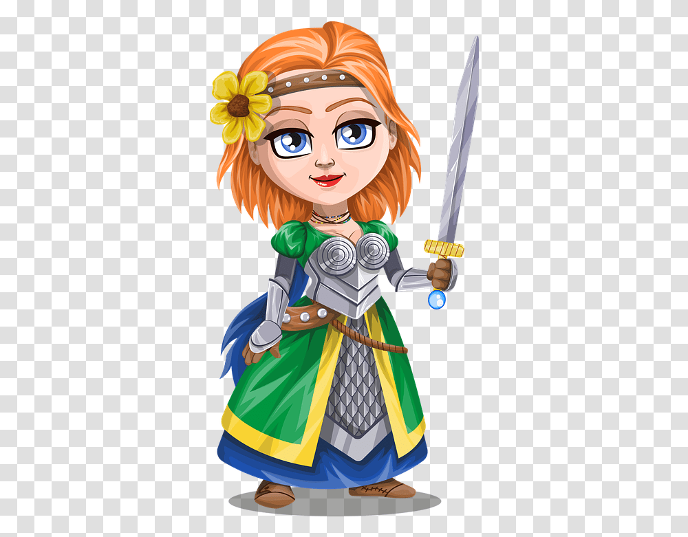 Download Hd Knight Lady With Sword And Flower Lady Knight Female Knight Clipart, Costume, Person, Toy, Elf Transparent Png