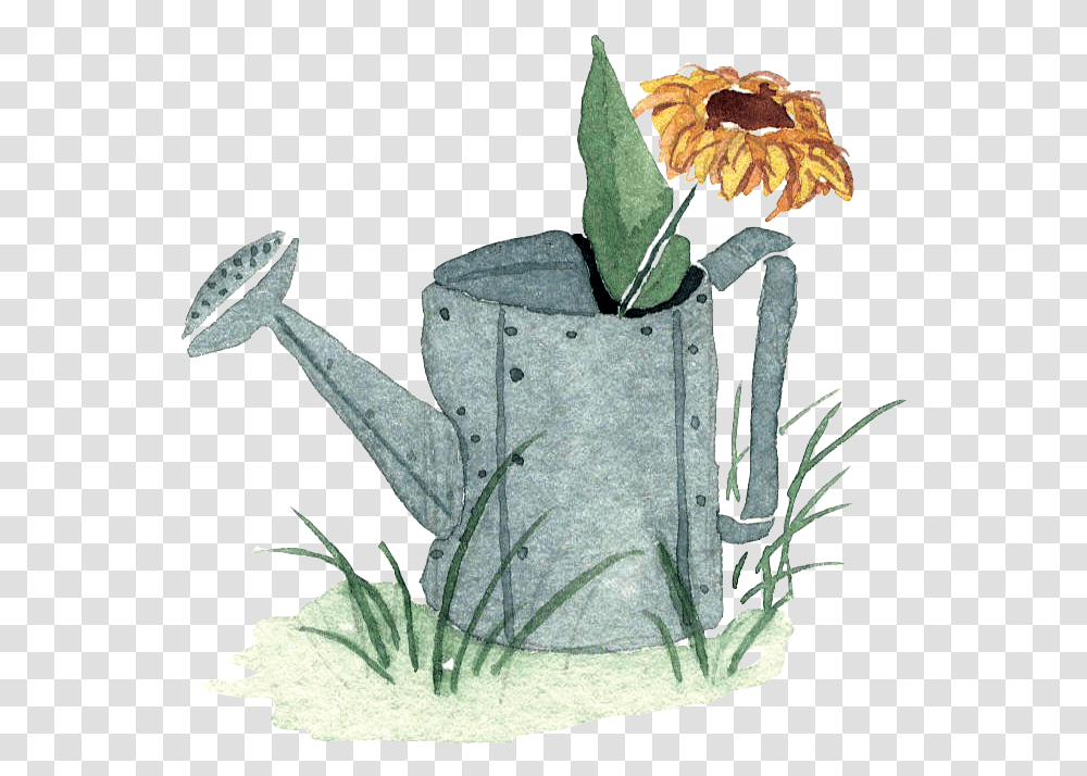 Download Hd Little Watercolor Watering Can With Sunflower In Watercolor Watering Can Clipart, Tin, Plant, Blossom,  Transparent Png