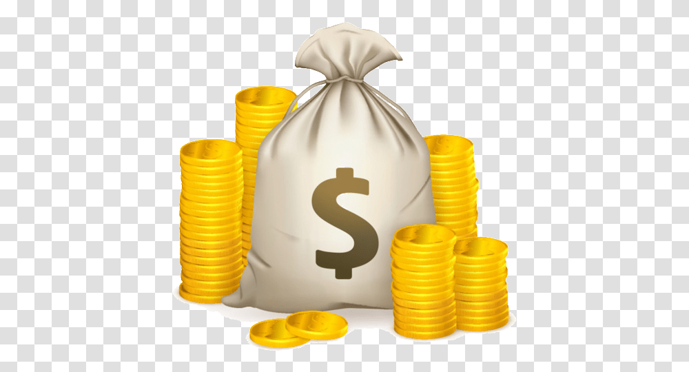 Download Hd Money Bag And Gold Coin Money Bag Money Bag Coin, Sack, Number, Symbol, Text Transparent Png