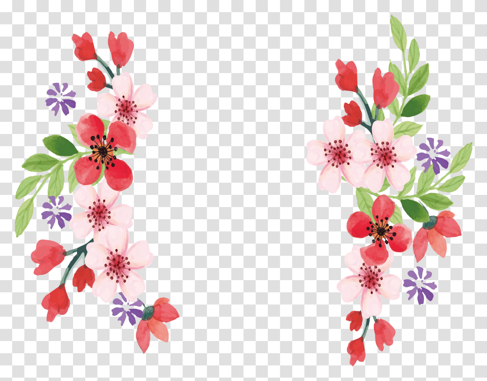 Download Hd Pink Floral Border Flower Watercolor Painting Red Small Flower Painting, Plant, Blossom, Cherry Blossom, Petal Transparent Png