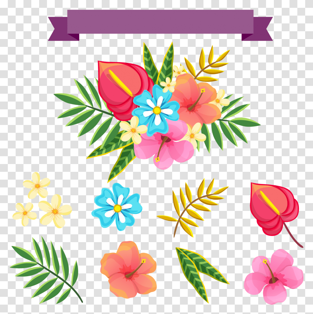 Download Hd Tropical Flower Watercolor Tropical Leaves Vector Tropical Flowers, Graphics, Art, Floral Design, Pattern Transparent Png