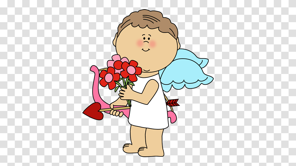 Download Hd Valentine's Day Cupid With Flowers Clip Art Valentines Day Clipart Cupid, Person, Human Transparent Png