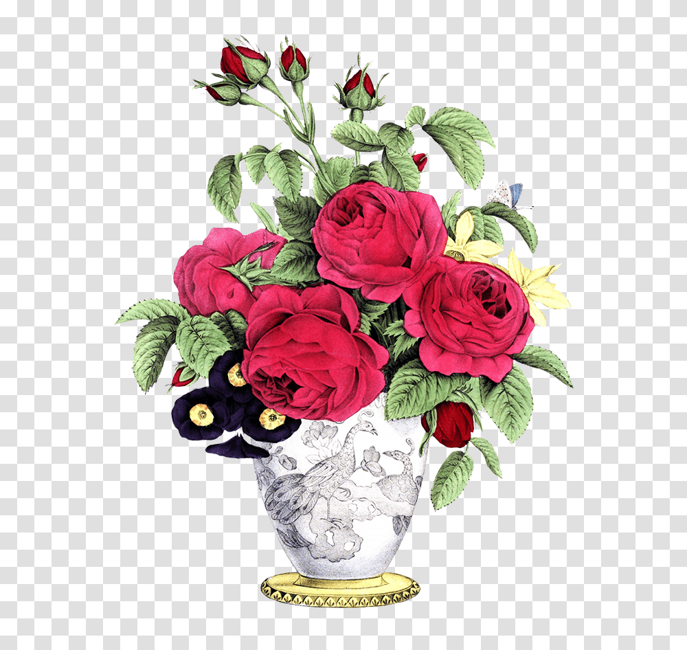 Download Hd Vase With Red Roses Other Flowers Bouquet Vintage Flowers, Graphics, Art, Plant, Blossom Transparent Png