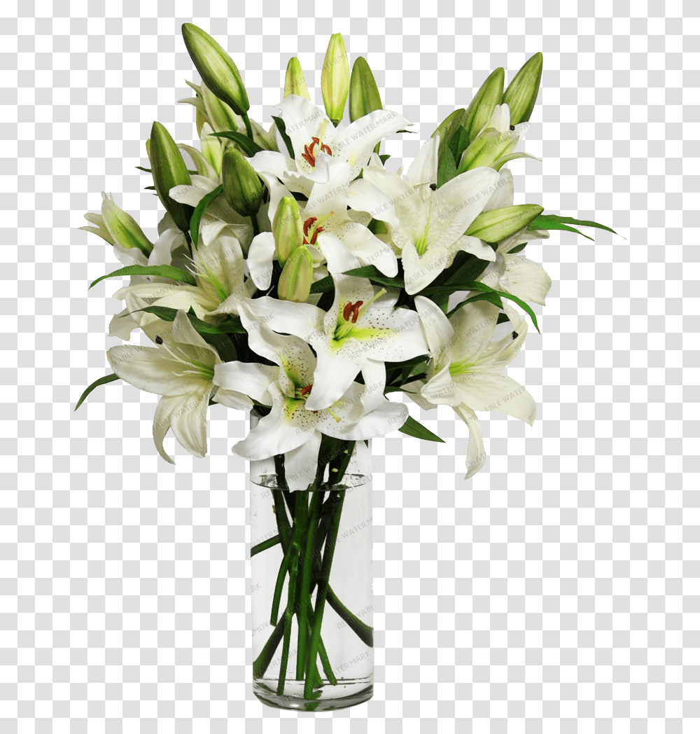 Download Hd White Lily Bouquet Flower In Vase, Plant, Blossom, Flower Arrangement, Flower Bouquet Transparent Png