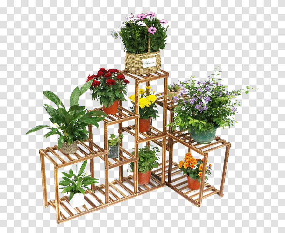 Download Hd Wooden Plant Stand 10 Tier Flower Pot Display Wood Corner Plant Stand Outdoor, Potted Plant, Vase, Jar, Pottery Transparent Png