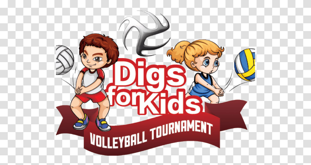 Download Kids Volleyball Logo Image Cartoon, Person, Text, Advertisement, Label Transparent Png