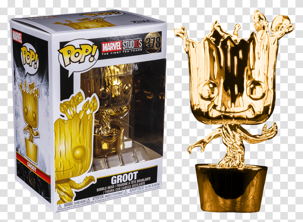 Download Marvel Studios 10 Years Groot Groot Gold Funko Pop, Trophy, Lamp, Chandelier, Glass Transparent Png