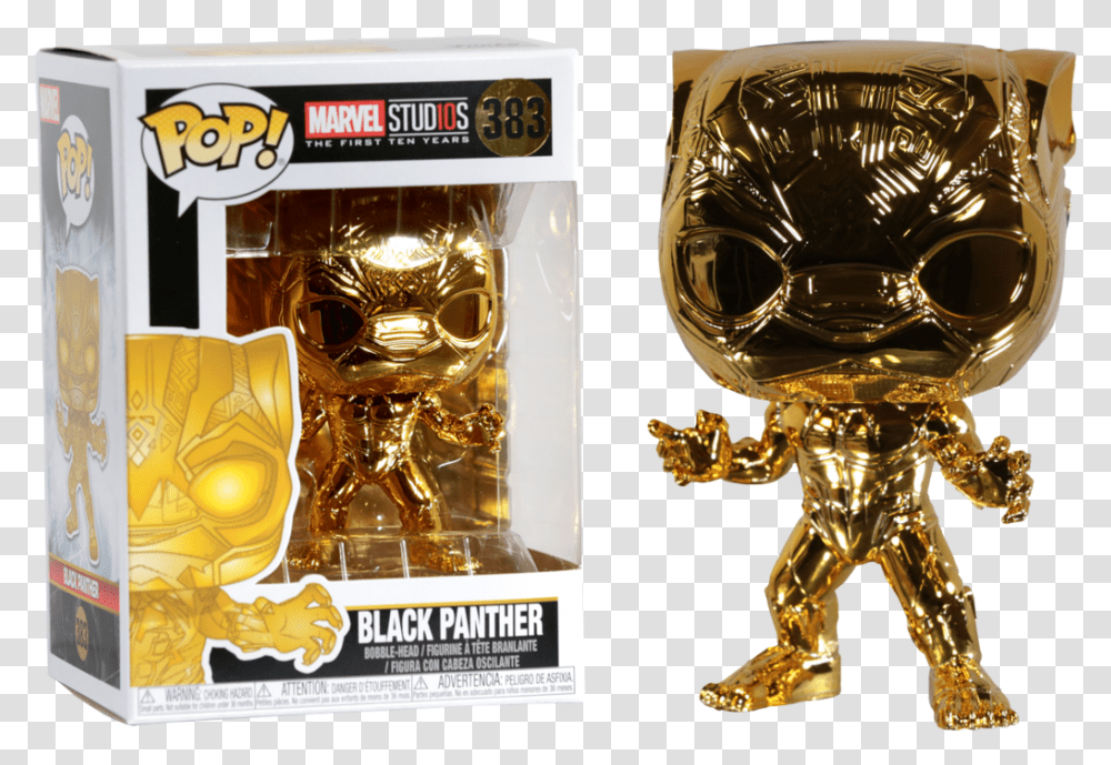 Download Marvel Studios 10 Years Pop Black Panther Gold Chrome Pop, Trophy, Glass, Toy, Beverage Transparent Png