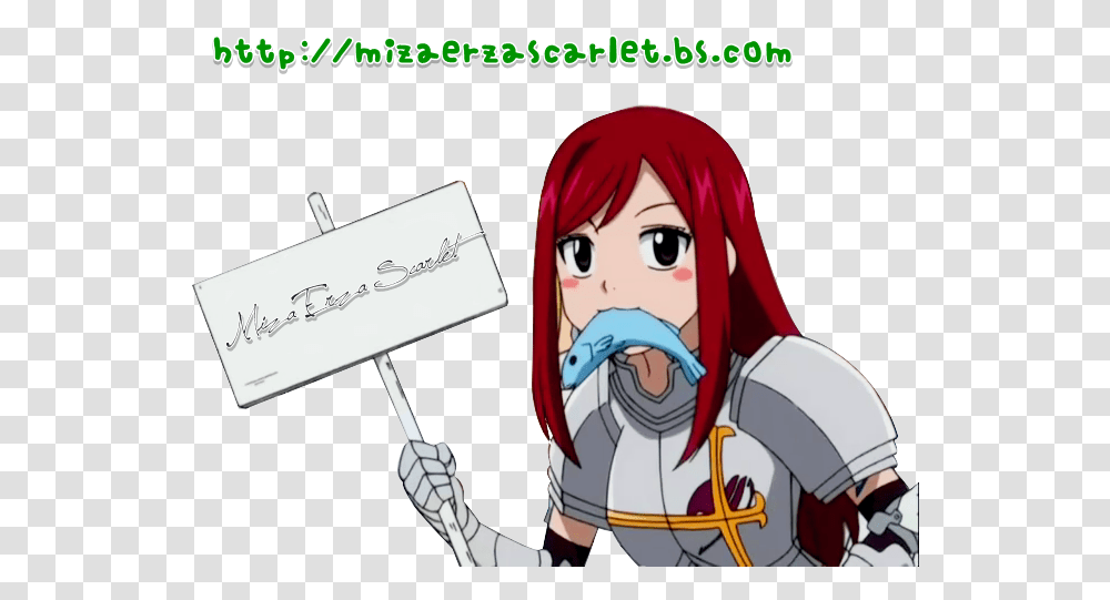 Download Miza Erza Scarlet Anime Character With Sign Gray Fullbuster Anime, Person, Human, Business Card, Paper Transparent Png