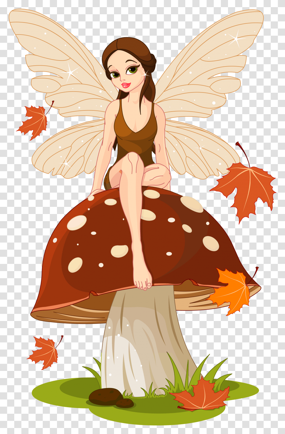 Download Mushroom Clipart Autumn Fairy Sitting On Mushroom Fairy Sitting On A Mushroom, Leaf, Plant, Angel, Archangel Transparent Png