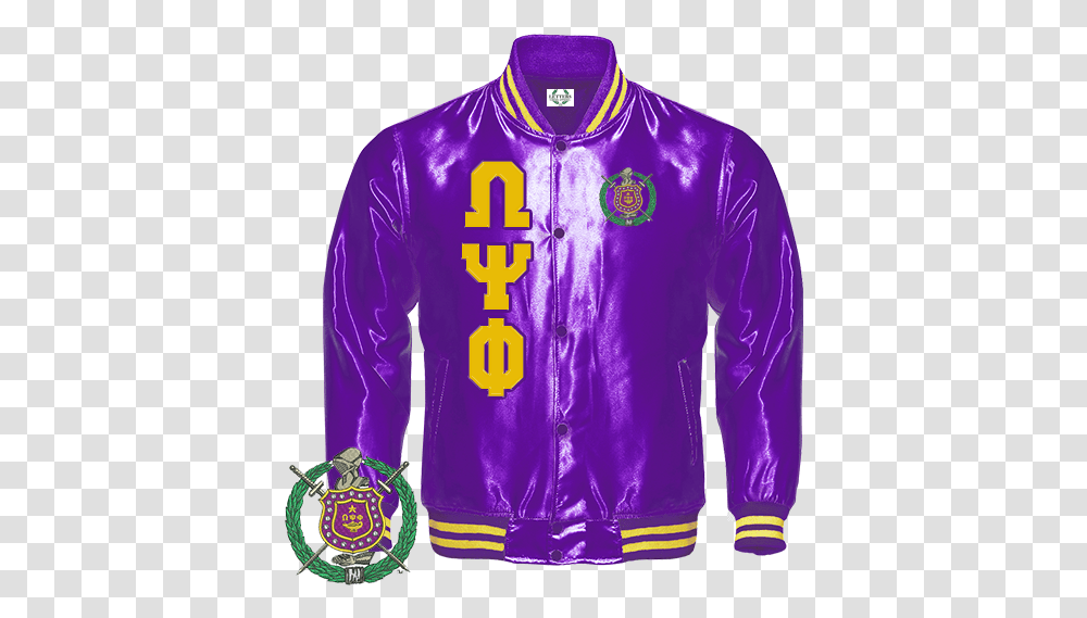 Download Omega Psi Phi Satin Baseball Bomber Jacket Divine Omega Psi Phi Shield, Clothing, Long Sleeve, Coat, Purple Transparent Png