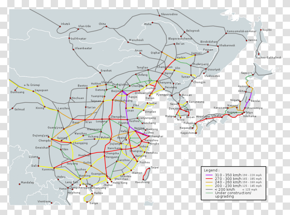 Download Operational High Speed Lines In East Asia Great Japan, Map, Diagram, Plot, Atlas Transparent Png