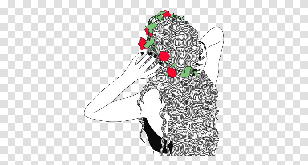 Download Outline Flowers And Art Image Outline Drawing Girl Wearing Flower Crown Drawing, Face, Animal, Pet, Female Transparent Png