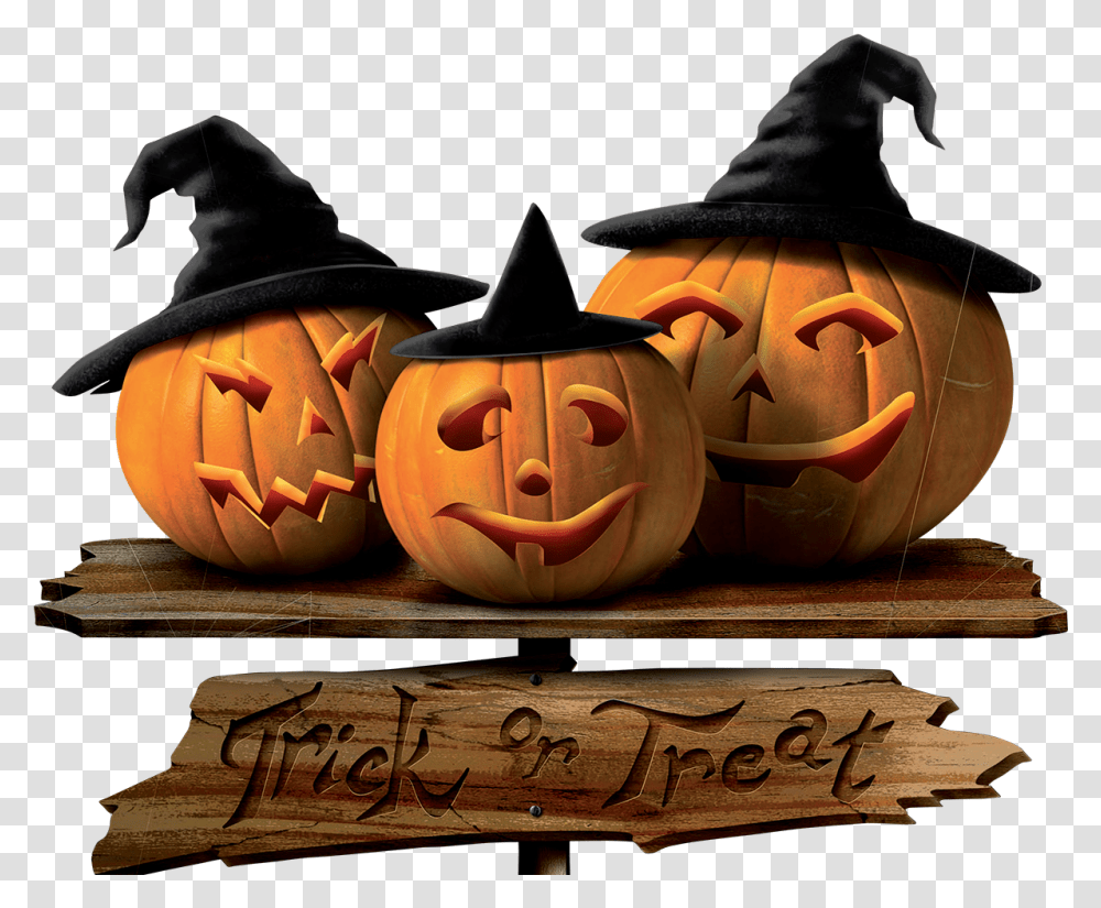 Download Picture Halloween Sign Trick Ortreating Halloween Pumpkin, Vegetable, Plant, Food, Hat Transparent Png