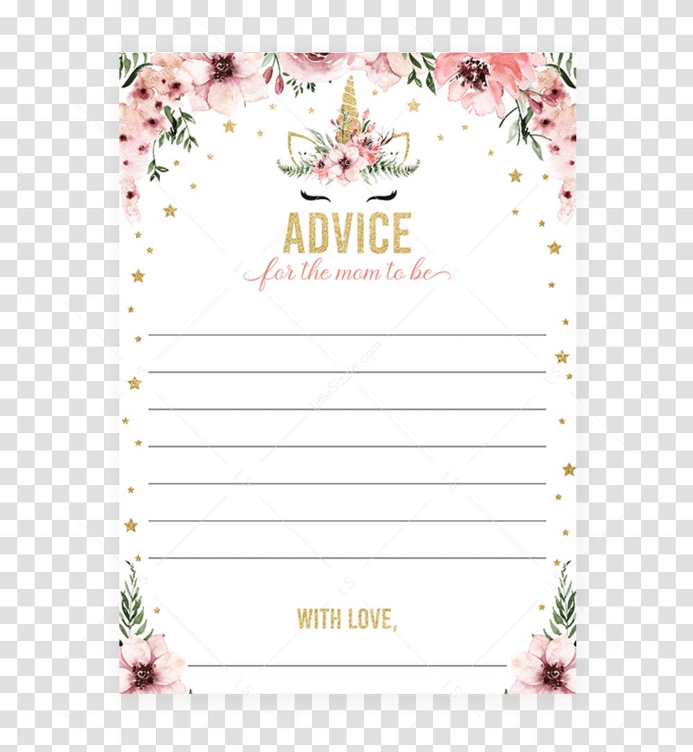 Download Pink And Gold Unicorn Baby Shower Advice Cards By Printable Unicorn Baby Advise, Text, Page, Diploma, Document Transparent Png