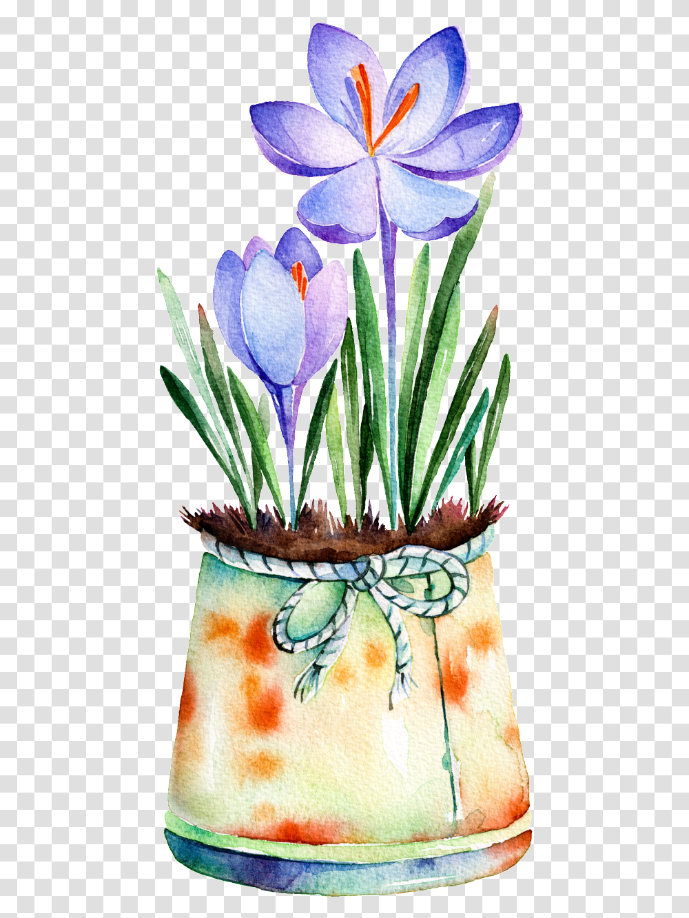 Download Purple Flower Potted Hand Painted Watercolor Flower In A Vase Drawing Watercolor, Plant, Blossom, Iris, Pineapple Transparent Png