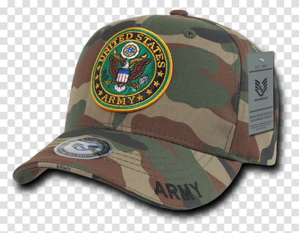 Download Rapid Dominance Us Army Logo Text 3d Woodland Camo Woodland Camo Baseball Hat, Clothing, Apparel, Baseball Cap Transparent Png