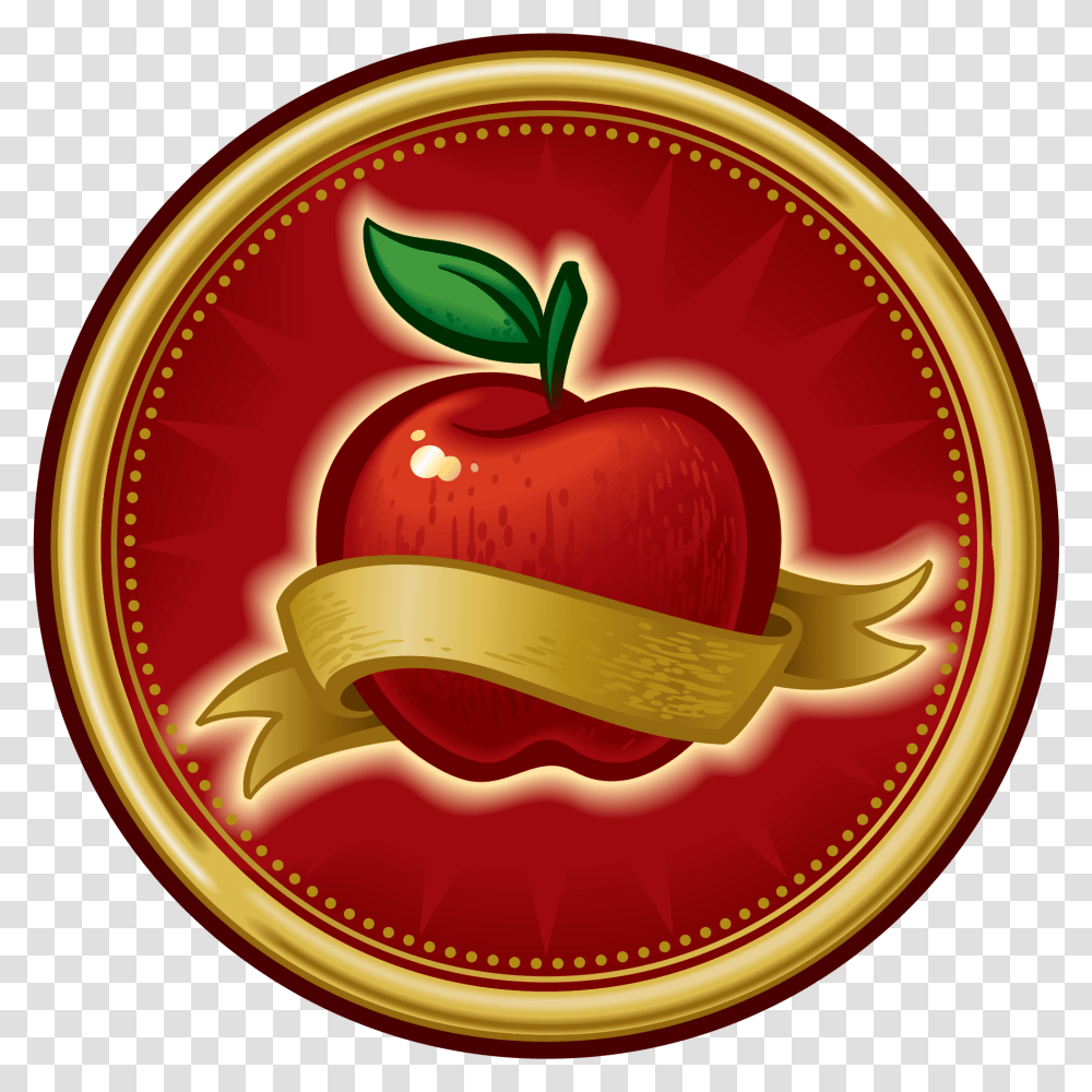 Download Red Apple Wrapped With A Golden Ribbon Teacher Of The Year Seal, Label, Text, Plant, Fruit Transparent Png