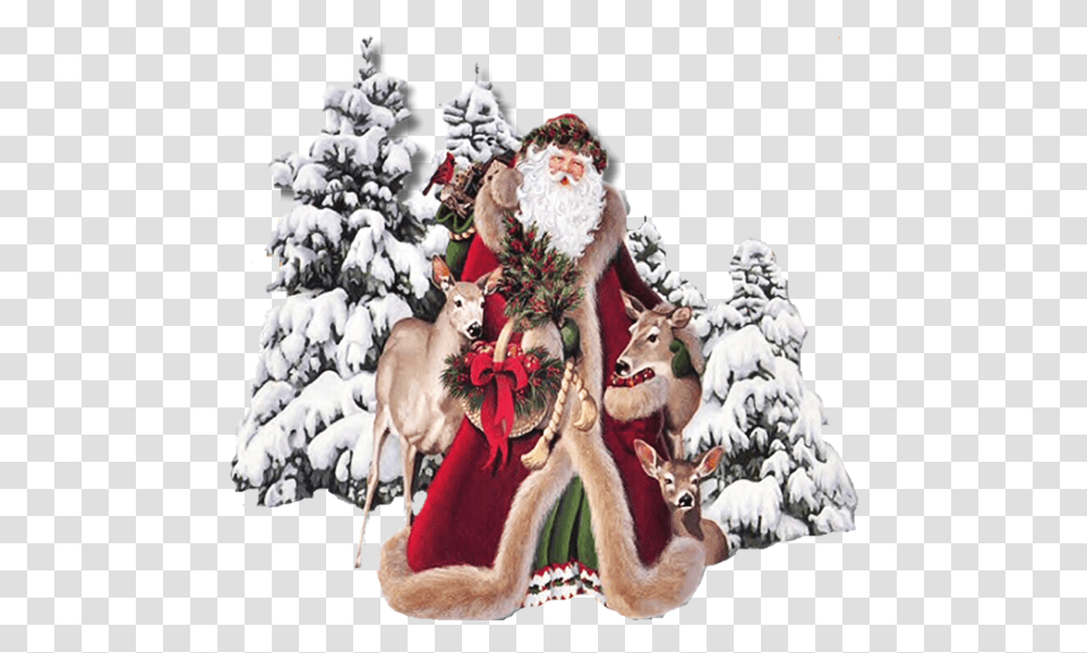 Download Santa Claus And Animals Christmas Welcome To My Vintage Santa Claus In Forest, Tree, Plant, Ornament, Christmas Tree Transparent Png
