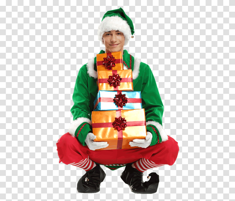 Download Santa Elf Christmas Day Full Size Image Costume Hat, Clothing, Person, Sleeve, Long Sleeve Transparent Png