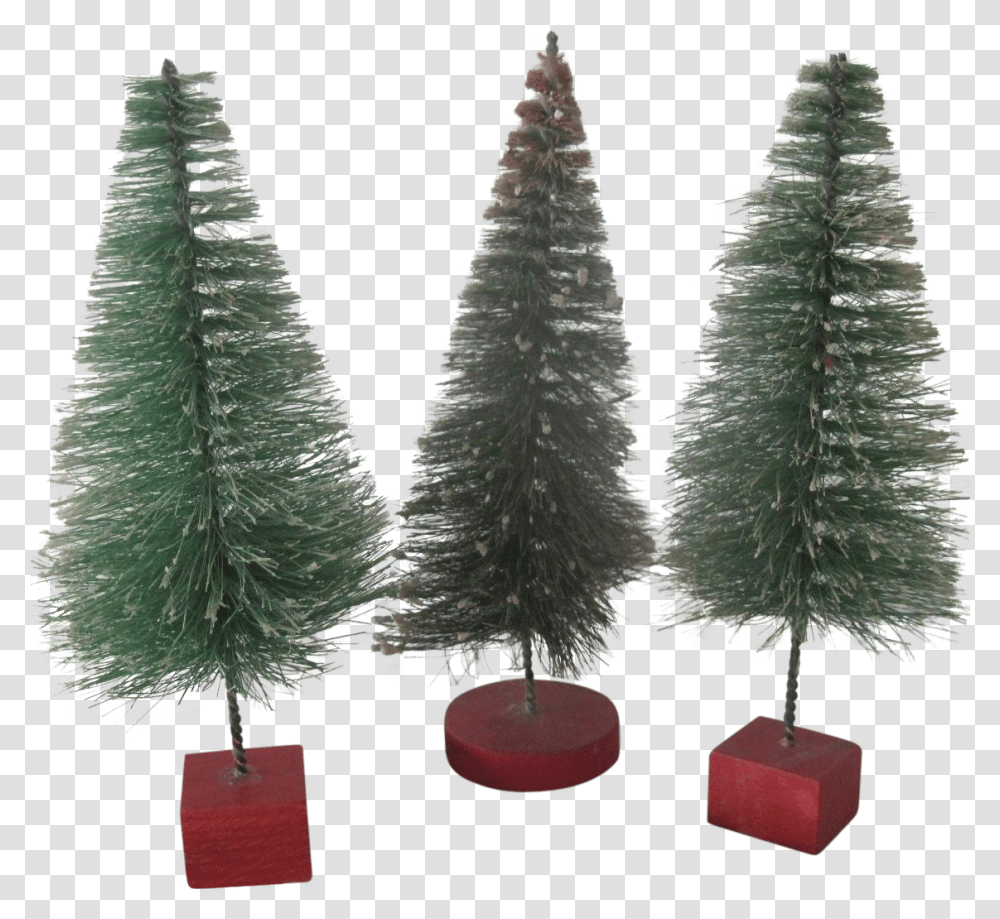 Download Set Of Three Vintage Miniature Bottle Brush Bottlebrush Christmas Trees, Plant, Ornament, Fir, Abies Transparent Png