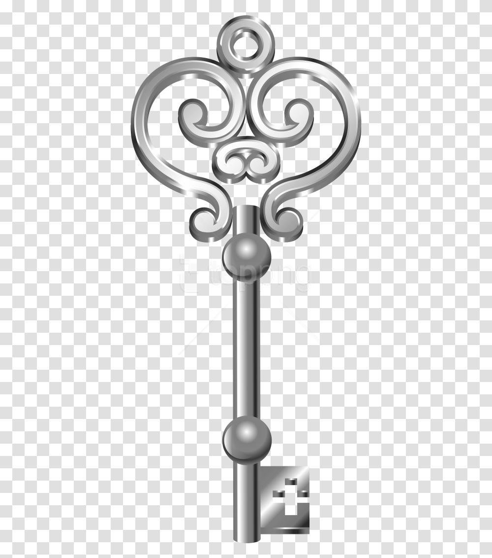 Download Silver Key Clipart Photo Skeleton Key Silver Key Clipart, Symbol, Shower Faucet, Emblem, Weapon Transparent Png