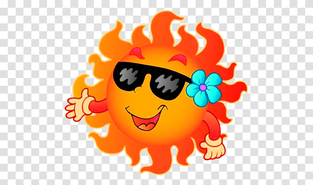Download Summer For Sun Content Smiling Cartoon Clipart Cartoon Sun And Clouds, Pac Man, Outdoors, Fire Transparent Png
