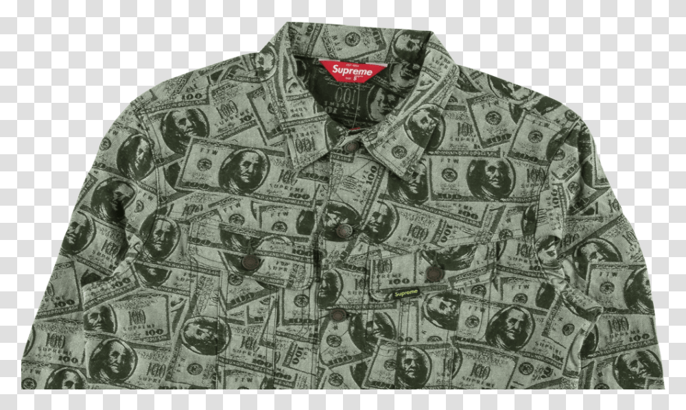 Download Supreme 100 Dollar Bill Trucker Jacket Full Size Supreme 100 Dollar Bill Trucker Jacket, Shirt, Clothing, Apparel Transparent Png