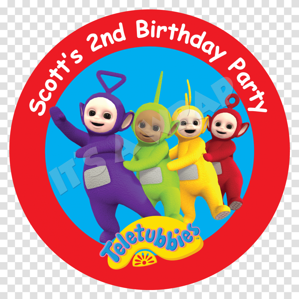 Download Teletubbies Party Box Stickers Teletubbies Happy Birthday, Person, Text, People, Advertisement Transparent Png