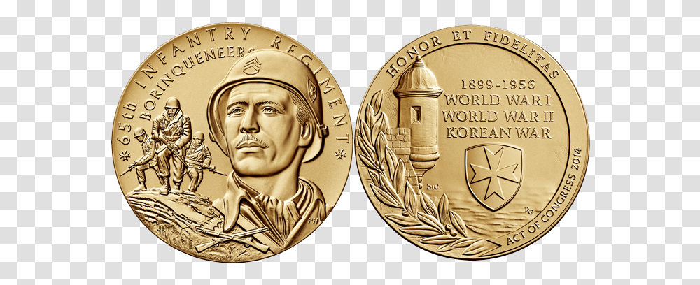 Download The Borinqueneers Congressional Gold Medal Ceremony Award Winning Gold Coin, Person, Human, Money, Helmet Transparent Png