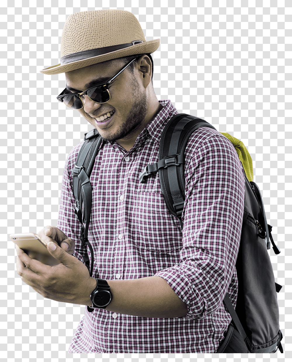 Download Travel Traveller Man Travel, Clothing, Person, Electronics, Sun Hat Transparent Png