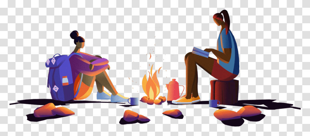 Download Two Girls Around A Campfire People Around A Campfire, Flame, Person, Human, Bonfire Transparent Png