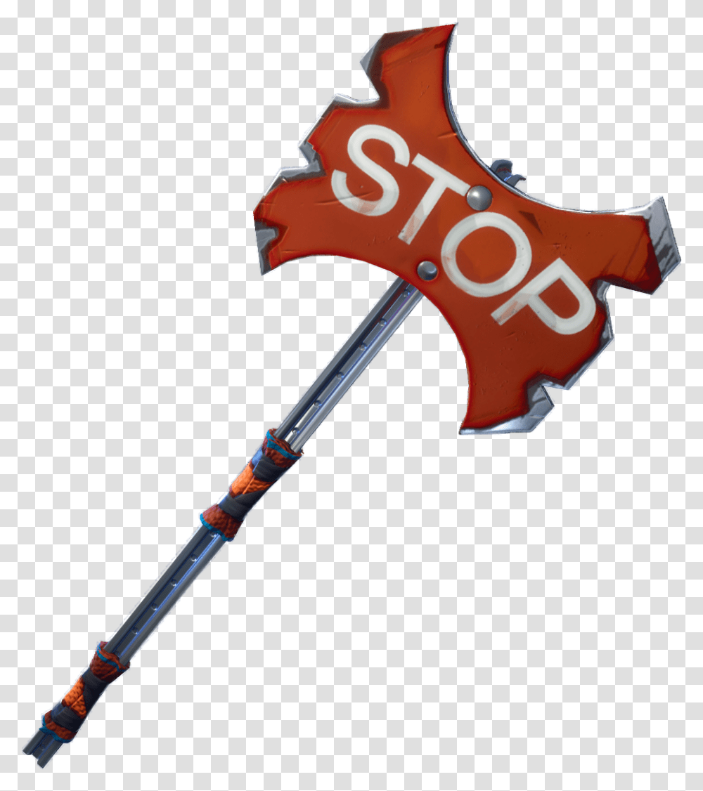 Download Weapon Equipment Pickaxe Baseball Fortnite Axe Hq Fortnite Pickaxe Stop Sign, Tool, Hammer, Text, Symbol Transparent Png